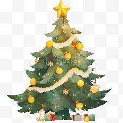 圣诞树彩带礼物节日手绘元素