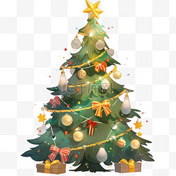 手绘圣诞树铃铛图片_节日圣诞树彩带手绘礼物元素