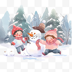 圣诞节冬天孩子打雪仗手绘元素卡