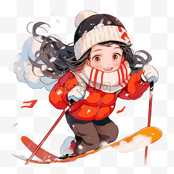 红色天空图片_冬天可爱的女孩卡通手绘滑雪元素