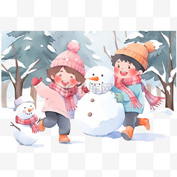 圣诞节卡通冬天孩子打雪仗手绘元