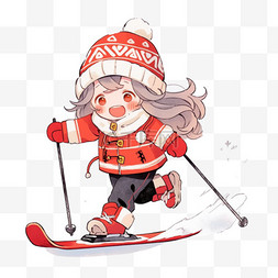 卡通红色天空图片_冬天可爱的女孩滑雪卡通元素手绘