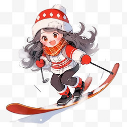 红色天空图片_冬天可爱的女孩卡通滑雪手绘元素
