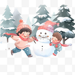 雪人白色图片_手绘圣诞节冬天孩子打雪仗卡通元