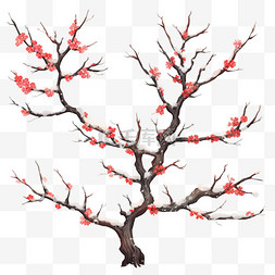 红色花树图片_冬天落雪手绘梅花树免抠元素