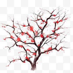 红色手绘树枝图片_手绘冬天落雪梅花树免抠元素