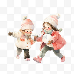 雪球背景图片_可爱孩子打雪仗卡通手绘元素冬天
