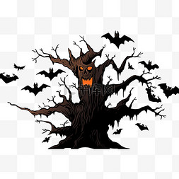 万圣节蝙蝠剪影卡通手绘枯树元素