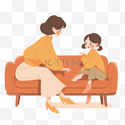 卡通母女图片_感恩节母女坐在沙发上聊天手绘元