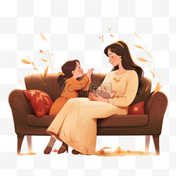 感恩节母女坐在沙发上聊天元素卡