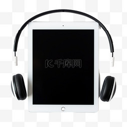 黑色iPad和有线耳机的平铺照片