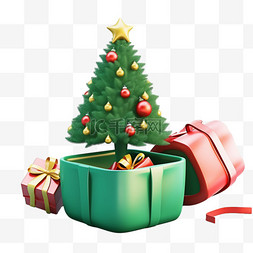 打开盖子礼盒图片_圣诞节礼盒圣诞树免抠元素3d
