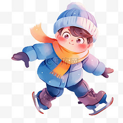 蓝色卡通纯色背景图片_男孩滑冰卡通手绘冬天元素
