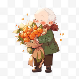 感恩节背景图片_感恩节元素老人抱着献花卡通手绘
