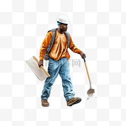 一名建筑工人提着一把大铲子穿过