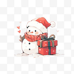 雪人手绘图片_圣诞节雪人拿着礼盒手绘卡通元素