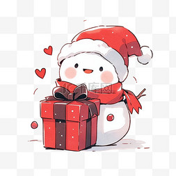 红色卡通圣诞帽图片_卡通元素圣诞节雪人拿着礼盒