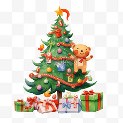绿色小熊玩具图片_卡通手绘圣诞节圣诞树礼物元素