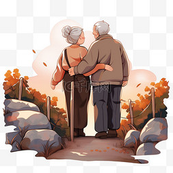 感恩节手绘年迈的夫妻搀扶背影元