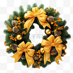 黄色的装饰彩带图片_圣诞节3d元素装饰花环免抠