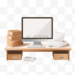 的书桌图片_配有键盘、鼠标和显示器的书桌