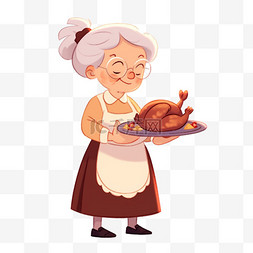 感恩节卡通手绘母亲拿着烧鸡元素
