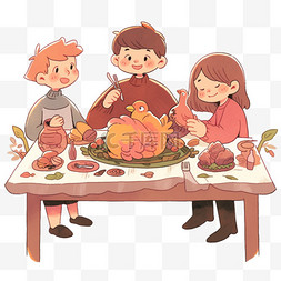 感恩节一家团聚卡通吃饭手绘元素
