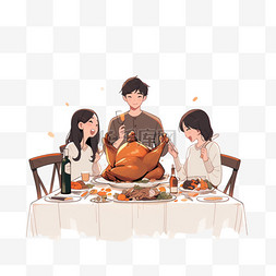 团圆饭背景图片_卡通手绘感恩节一家团聚吃饭元素