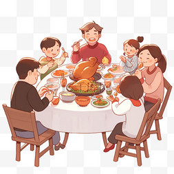 一家团聚吃饭卡通手绘感恩节元素