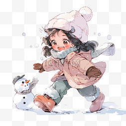 冬天可爱的女孩玩雪手绘元素卡通