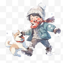 戴帽子卡通小狗图片_孩子雪天玩耍卡通手绘元素冬天