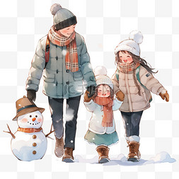 灰金配色图片_冬天家人堆雪人手绘元素卡通