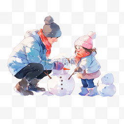 冬天卡通家人堆雪人手绘元素
