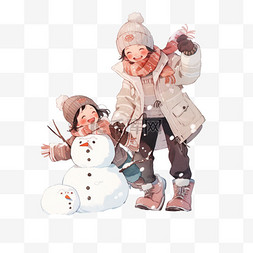 雪地卡通背景图片_家人堆雪人冬天卡通手绘元素