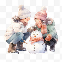 雪人卡通图片_冬天手绘元素家人堆雪人卡通