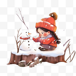 雪地树木孩子冬天卡通手绘元素
