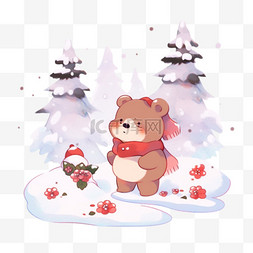 冬天可爱小熊松树雪天手绘卡通元