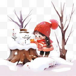 卡通冬天雪地树木孩子手绘元素