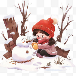 冬天卡通雪地树木孩子手绘元素