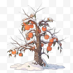 雪树图片_冬天手绘元素覆盖雪的柿子树卡通
