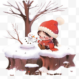 雪地树木孩子卡通冬天手绘元素