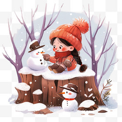 冬天雪地树木卡通孩子手绘元素