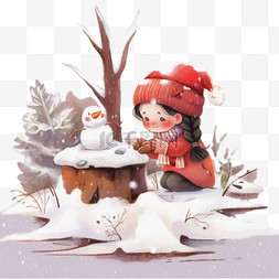 雪人白色图片_雪地树木冬天孩子卡通手绘元素