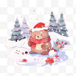 可爱小熊松树雪天卡通手绘元素冬