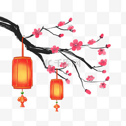 新年红灯笼梅花图片_手绘中式古风梅花树灯笼元旦喜庆