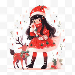 卡通手绘圣诞麋鹿图片_可爱的女孩小鹿礼物卡通手绘元素