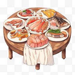 圆桌子木图片_新年一桌美味饭菜团聚手绘元素