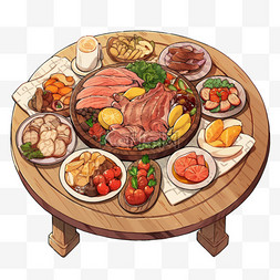 圆桌子木图片_新年手绘团聚一桌美味饭菜元素