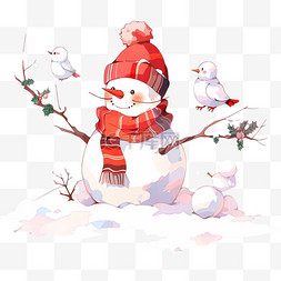 冬天可爱的雪人卡通小鸟手绘元素