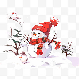 冬天可爱的雪人手绘元素小鸟卡通